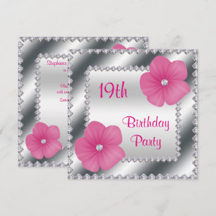 Pink Flowers & Diamonds 19th Birthday Invitation