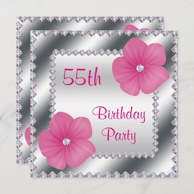 Pink Flowers & Diamonds 55th Birthday Invitation (Front/Back)