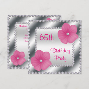 Pink Flowers & Diamonds 65th Birthday Invitation