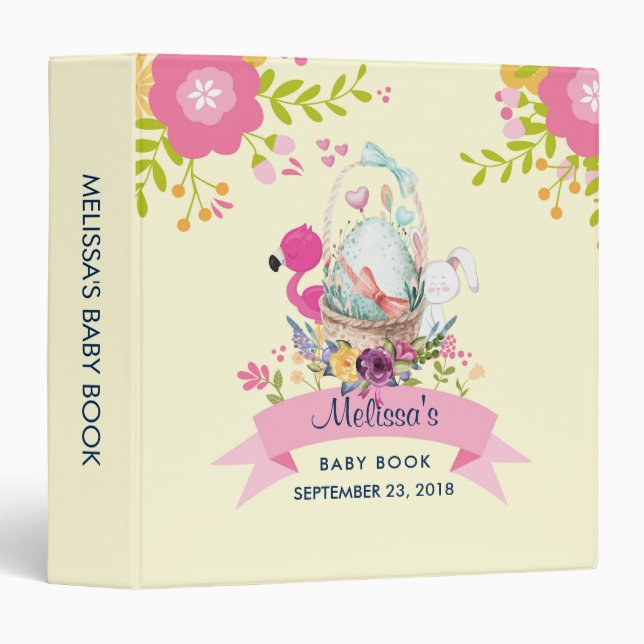 Pink Flowers, Egg, Flamingo & Bunny Baby Book 3 Ring Binder (Front/Spine)