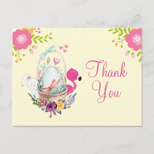 Pink Flowers, Egg, Flamingo & Bunny Party Thanks Postcard (Front)