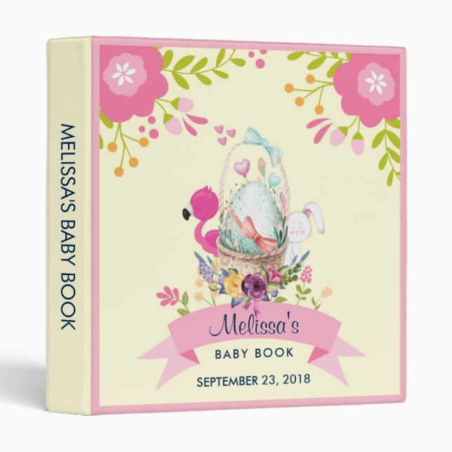 Pink Flowers, Egg, Flamingo & Bunny Watercolor 3 Ring Binder (Front/Spine)