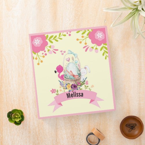 Pink Flowers Egg Flamingo  Bunny Watercolor 3 Ring Binder