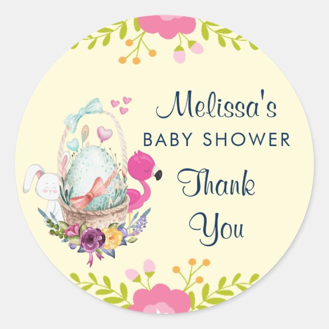 Pink Flowers, Egg, Flamingo & Bunny Watercolor Classic Round Sticker (Front)