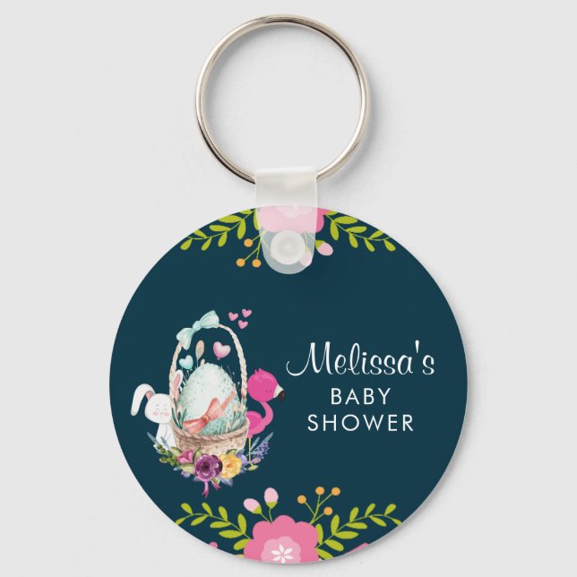 Pink Flowers, Egg, Flamingo & Bunny Watercolor Keychain (Front)