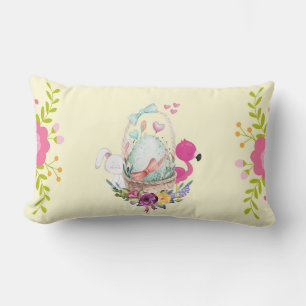 Pink Flowers, Egg, Flamingo & Bunny Watercolor Lumbar Pillow