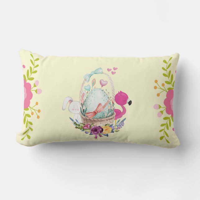 Pink Flowers, Egg, Flamingo & Bunny Watercolor Lumbar Pillow (Front)