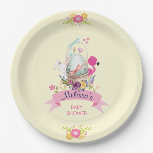 Pink Flowers Egg Flamingo  Bunny Watercolor Paper Plates