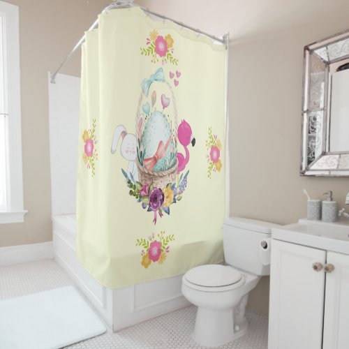 Pink Flowers Egg Flamingo  Bunny Watercolor Shower Curtain