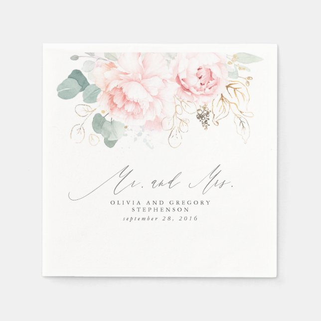 Pink Flowers Elegant Botanical Mr and Mrs Napkins (Front)