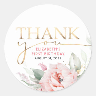 Pink Flowers Elegant Greenery and Gold Thank You Classic Round Sticker