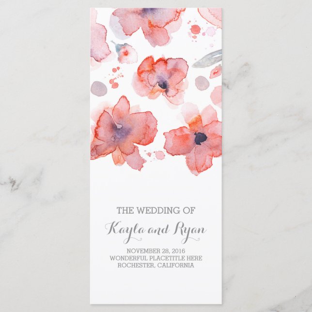 Pink Flowers Elegant Watercolor Wedding Programs (Front)