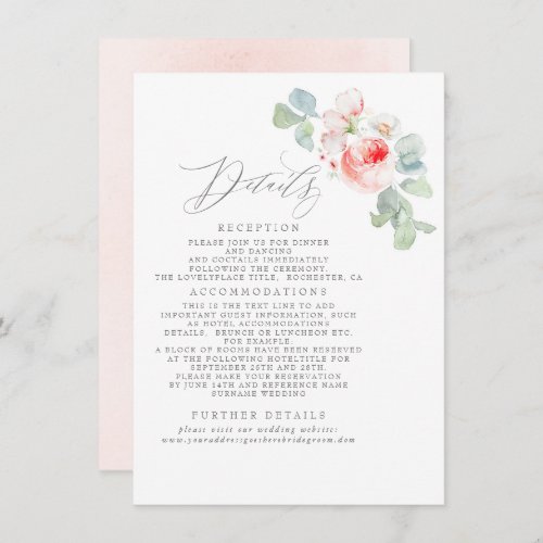 Pink Flowers Elegant Wedding Information Enclosure Card