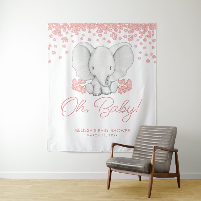 Pink Flowers Elephant Girl Baby Shower Backdrop (In Situ)