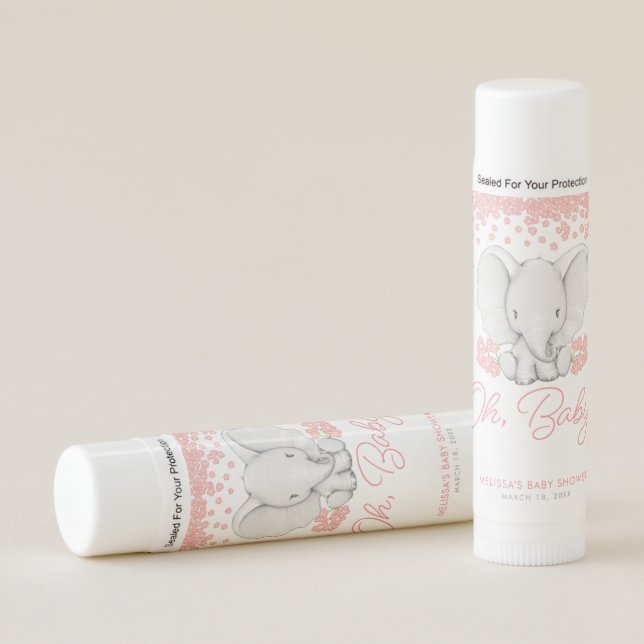 Pink Flowers Elephant Girl Baby Shower Favors Lip Balm (Front)