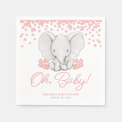 Pink Flowers Elephant Girl Baby Shower Napkins