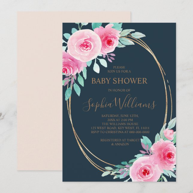 Pink Flowers & Eucalyptus Leaf Navy Baby Shower Invitation (Front/Back)