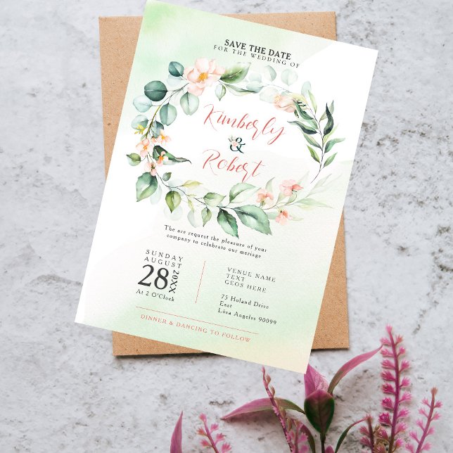 Pink Flowers & Eucalyptus Leaves Wreath Invitation (Creator Uploaded)