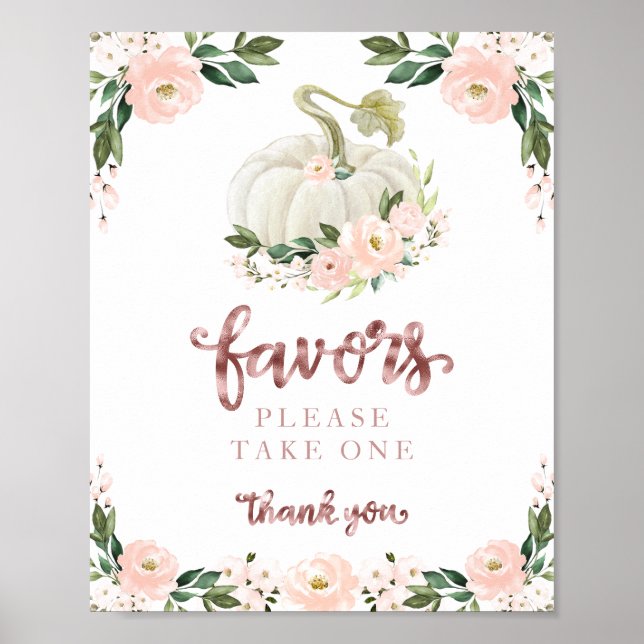 Pink Flowers Fall Pumpkin Baby Shower Favors Sign (Front)
