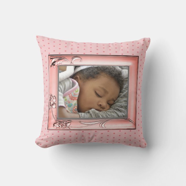 Pink Flowers Family Photo Frame Image Pink Dots Throw Pillow (Front)