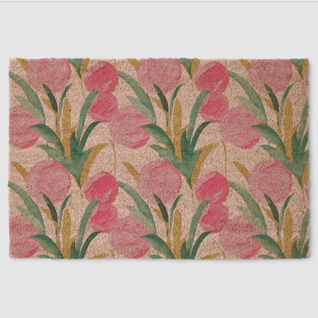 Pink Flowers Fiber Doormat (Front)
