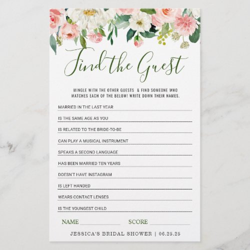 Pink Flowers Find the Guest Bridal Shower Game