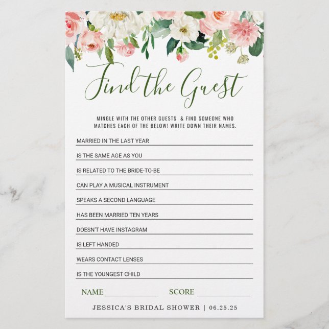 Pink Flowers Find the Guest Bridal Shower Game (Front)