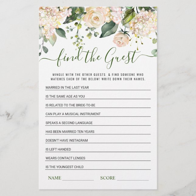 Pink Flowers Find the Guest Bridal Shower Game (Front)