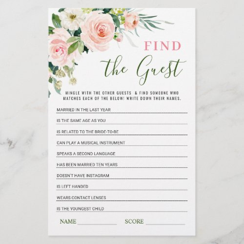 Pink Flowers Find the Guest Bridal Shower Game