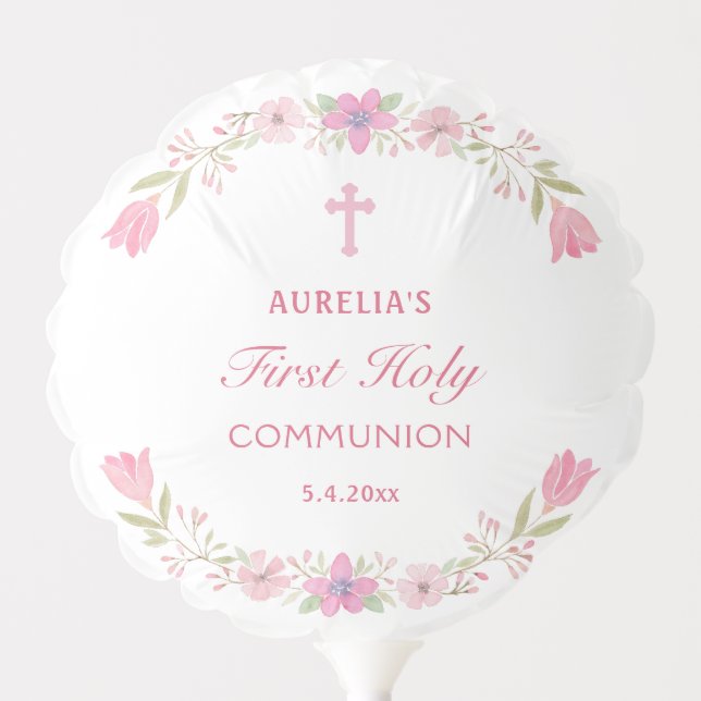 Pink Flowers First Communion Balloon (Front)