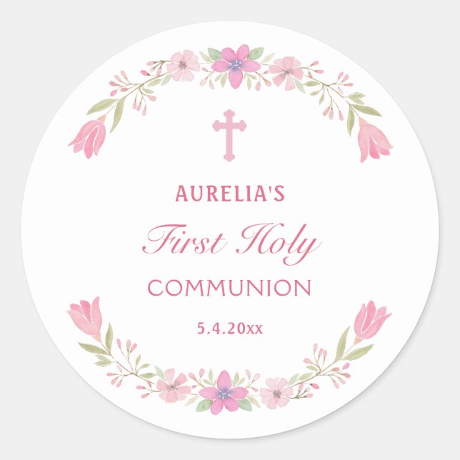Pink Flowers First Communion Classic Round Sticker (Front)