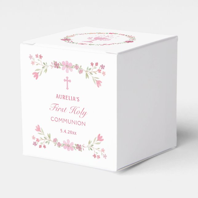 Pink Flowers First Communion Cube Favor Boxes (Front Side)