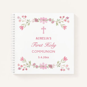 Pink Flowers First Communion Guest Book