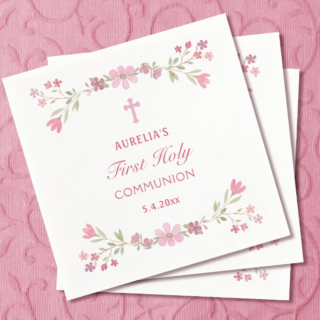Pink Flowers First Communion Napkins (Creator Uploaded)