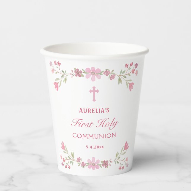 Pink Flowers First Communion Paper Cups (Front)