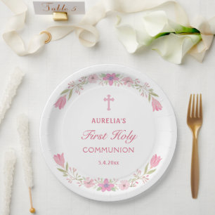 Pink Flowers First Communion Round Paper Plates
