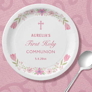 Pink Flowers First Communion Round Paper Plates