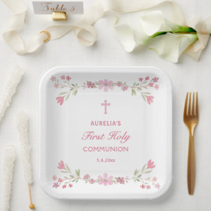Pink Flowers First Communion Square Paper Plates