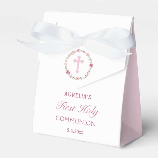 Pink Flowers First Communion Tent Favor Boxes (Front Side)