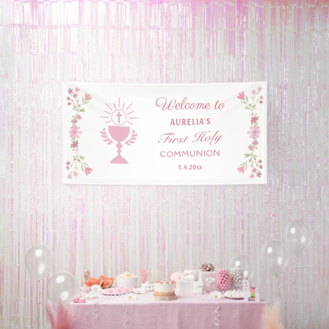 Pink Flowers First Communion Welcome Banner (Party)