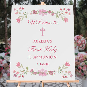 Pink Flowers First Communion Welcome Foam Board
