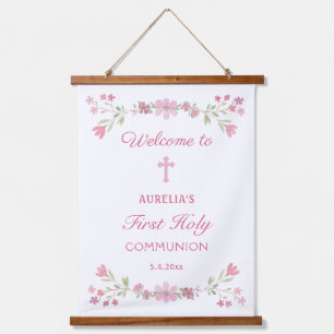 Pink Flowers First Communion Welcome Hanging Tapestry