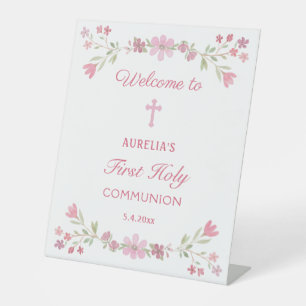 Pink Flowers First Communion Welcome Pedestal Sign
