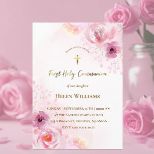 pink flowers First Holy Communion Invitation
