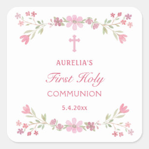 Pink Flowers First Holy Communion Square Sticker