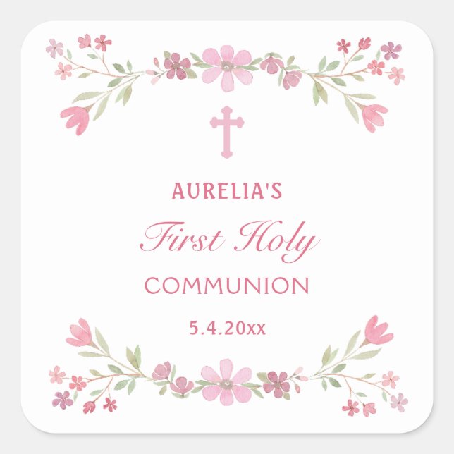 Pink Flowers First Holy Communion Square Sticker (Front)