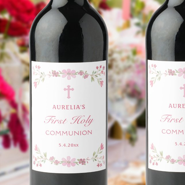 Pink Flowers First Holy Communion Wine Label (Creator Uploaded)
