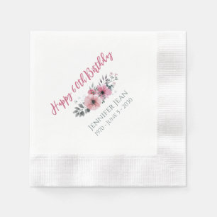 Pink Flowers Floral 60th Birthday Custom Napkin