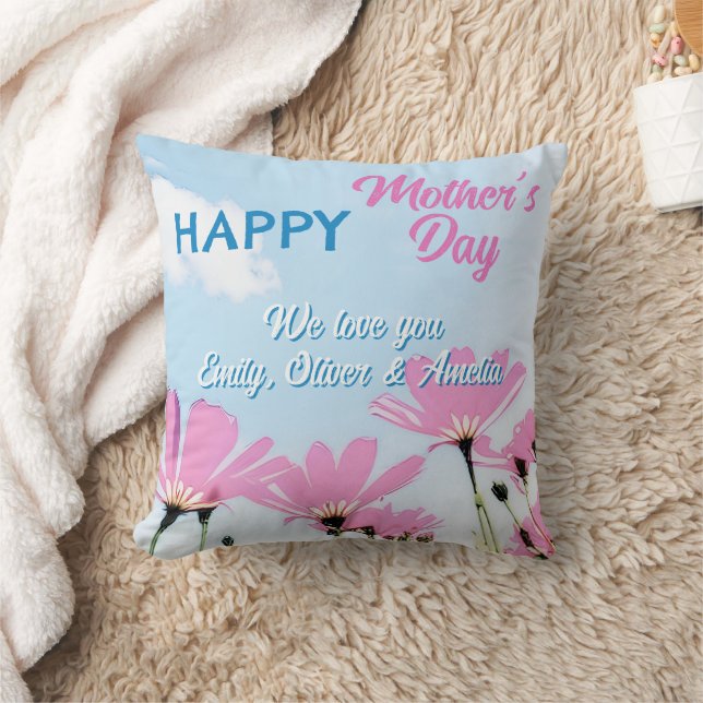 Pink Flowers Floral Happy Mother's Day Throw Pillow (Blanket)