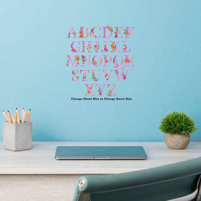 Pink Flowers Floral  Letters Full Alphabet  Wall Decal (Home Office 2)